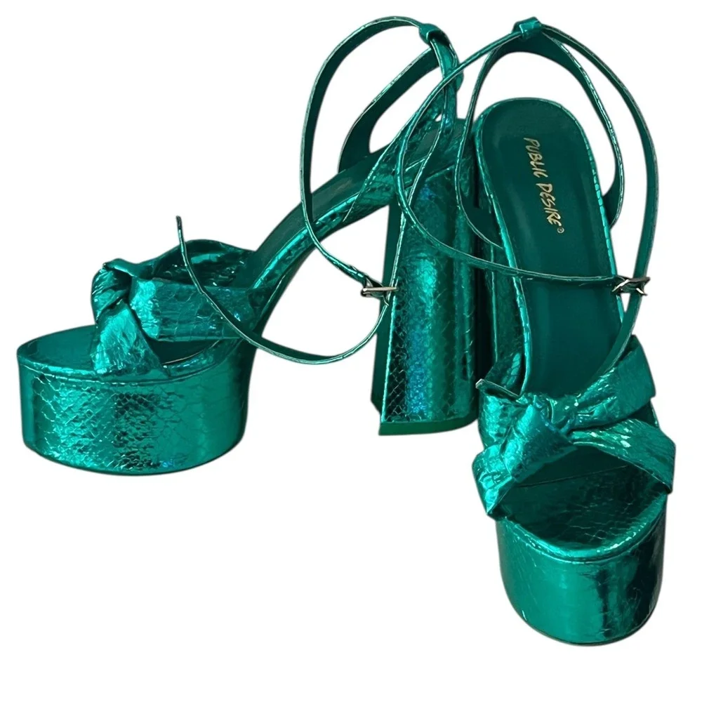 Public Desire x ASOS Leo Metallic Green Platform Heels Strappy Chunky Party Sz 9